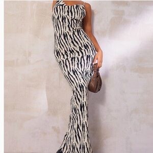 Pretty Little Thing Zebra Print Satin Cowl Neck Maxi Dress